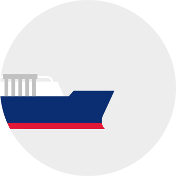 A side-view illustration that portrays the front of an ocean liner painted in Chevron-brand colors with a white deck, blue body and red hull inside a circular light gray background