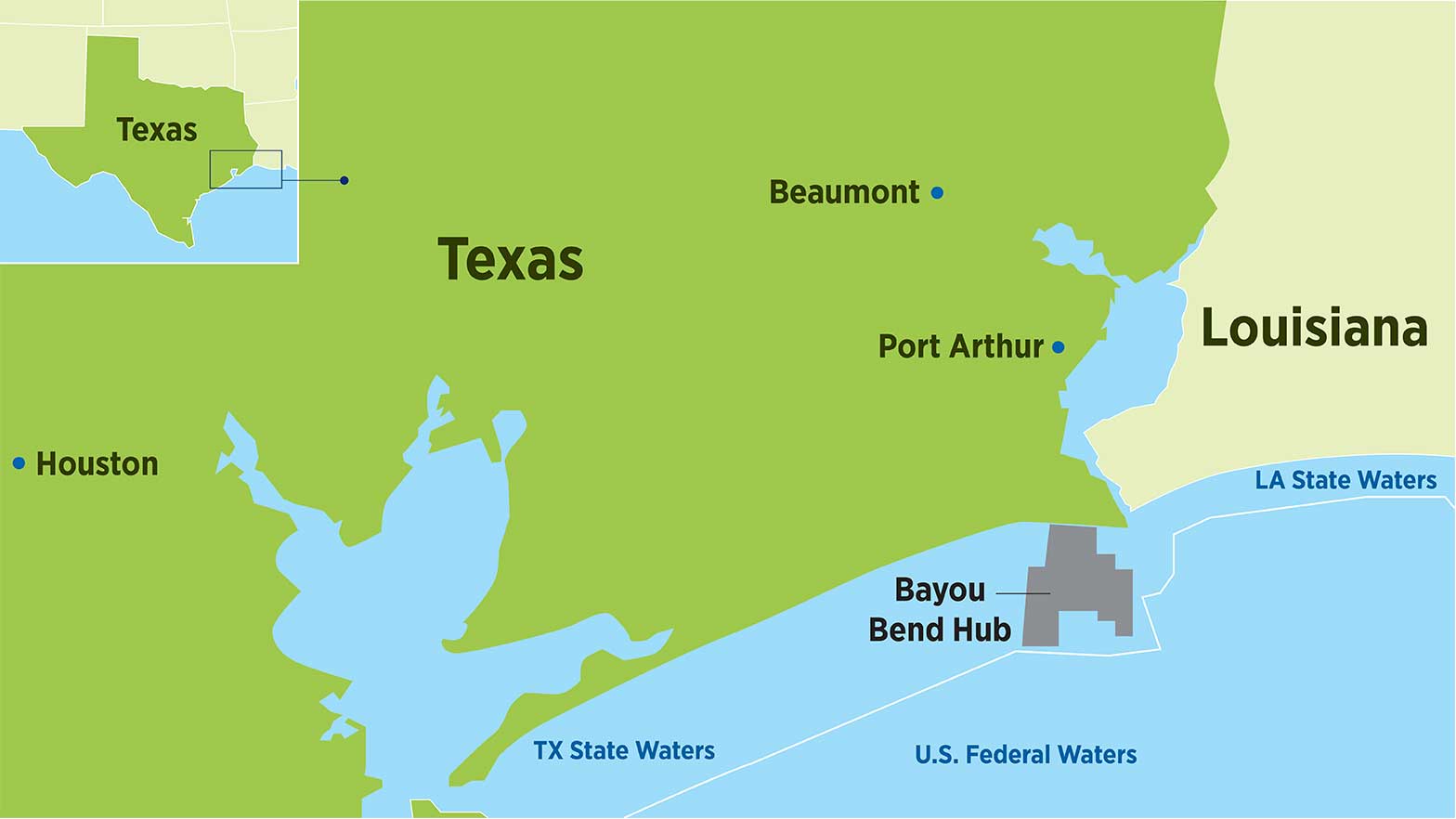 Map of the Bayou Hub near Texas and Louisiana