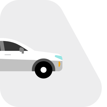 A side-view illustration that portrays a white and gray sedan inside a car window-shaped light gray background