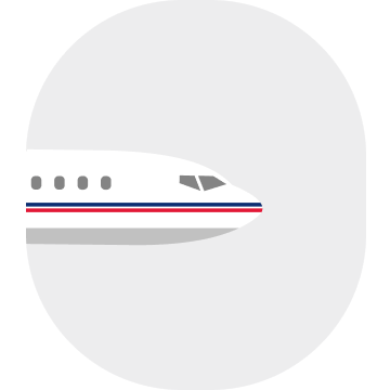 A side-view illustration that portrays a white jetliner with Chevron-colored red and blue horizontal stripes inside an oval airplane window-shaped light gray background