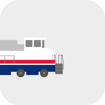 A side-view illustration that portrays the front car of a locomotive painted in Chevron-brand colors with a white cabin, red horizontal stripe and blue base, inside a train-window inspired square light gray background