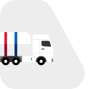 A side-view illustration that portrays the front of a white commercial truck with Chevron-colored vertical stripes inside a truck window-shaped light gray background