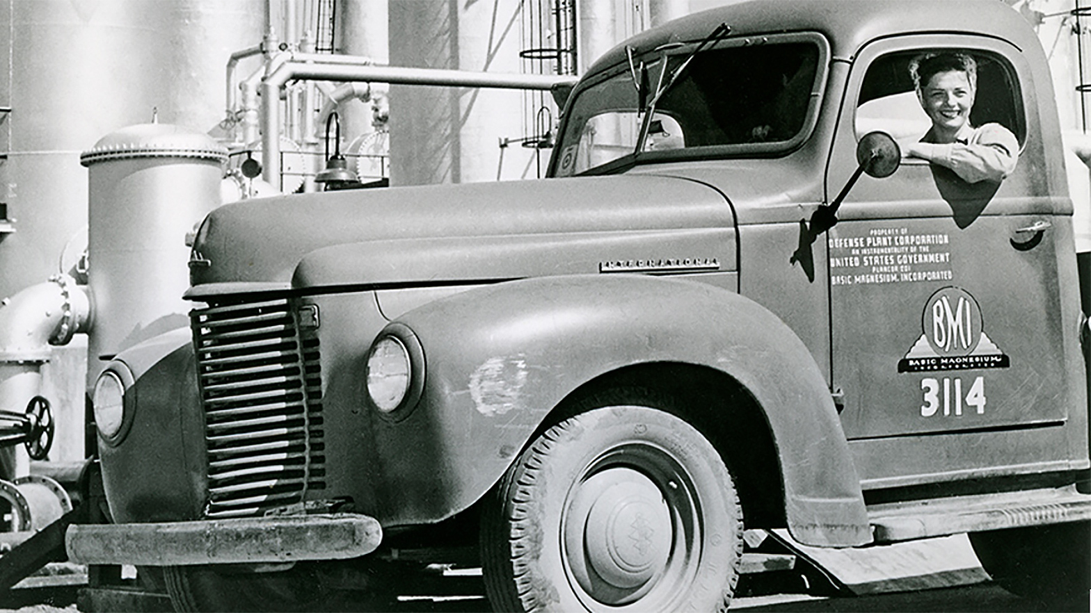 Chevron Richmond refinery worker Eleanor Barker in a truck in 1943.