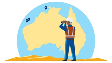 Illustration of a person looking through binoculars at the continent of Australia