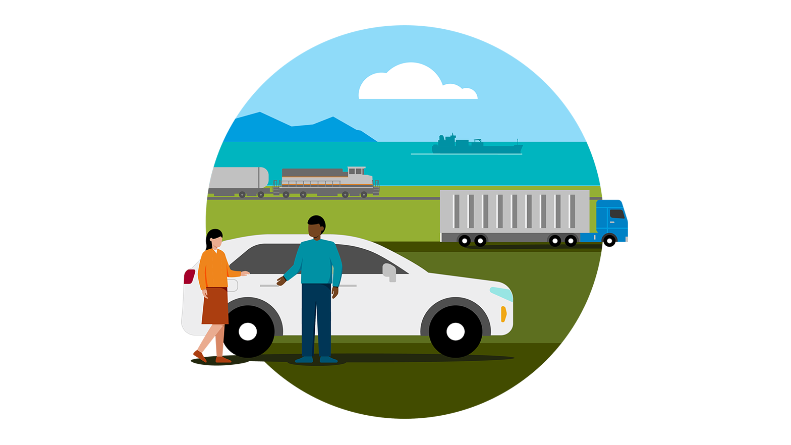 Illustration of people, car, truck, train and ship