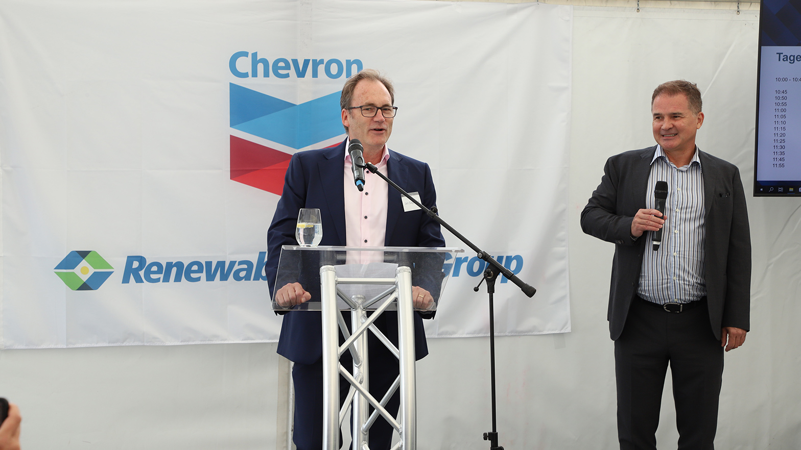 Jan Slaghekke, vice president of international business for Chevron Renewable Energy Group, and Michael Fiedler-Panajotopoulos at the groundbreaking event.