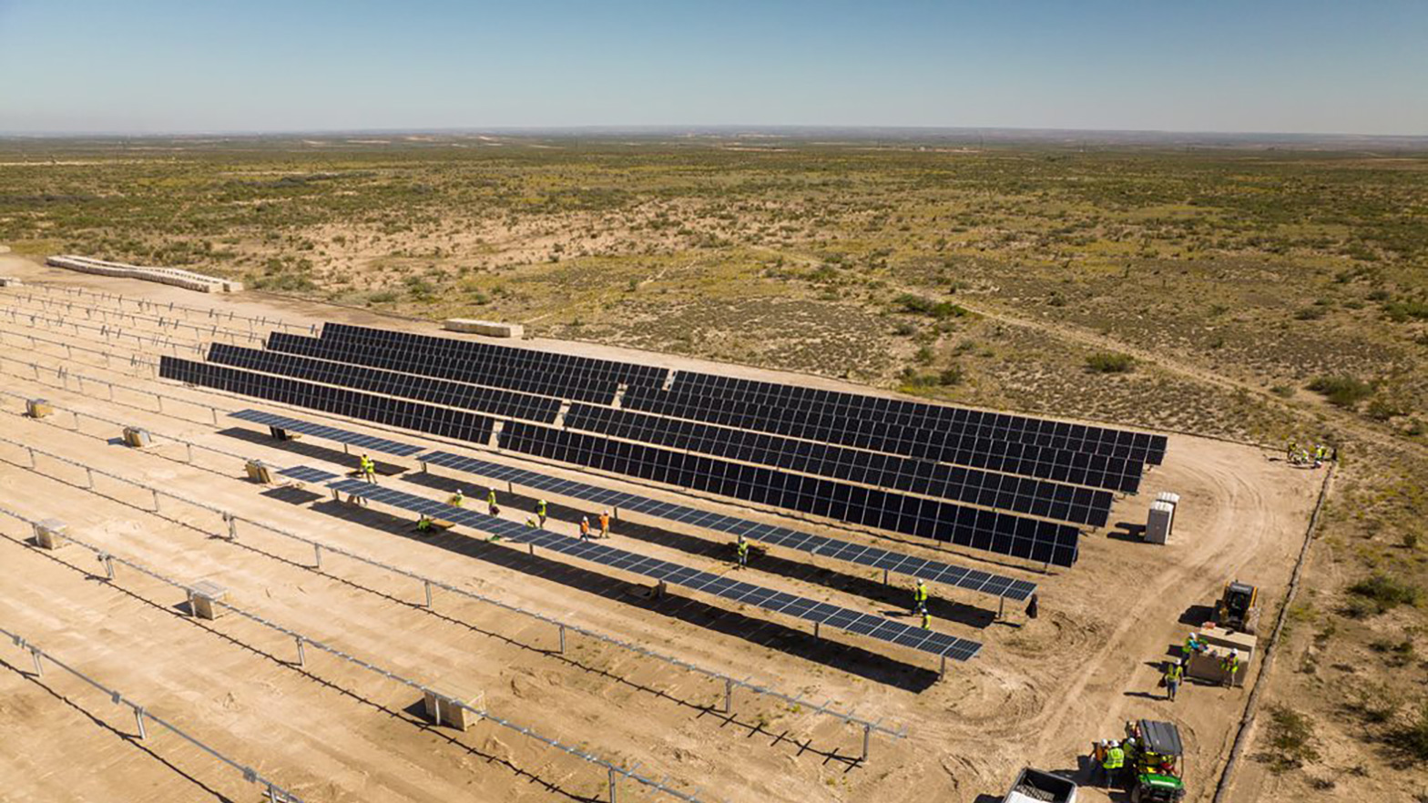 Aerial view of a solar array under construction in Hayhurst, New Mexico. These panels will help power Chevron’s nearby Permian Basin operations.