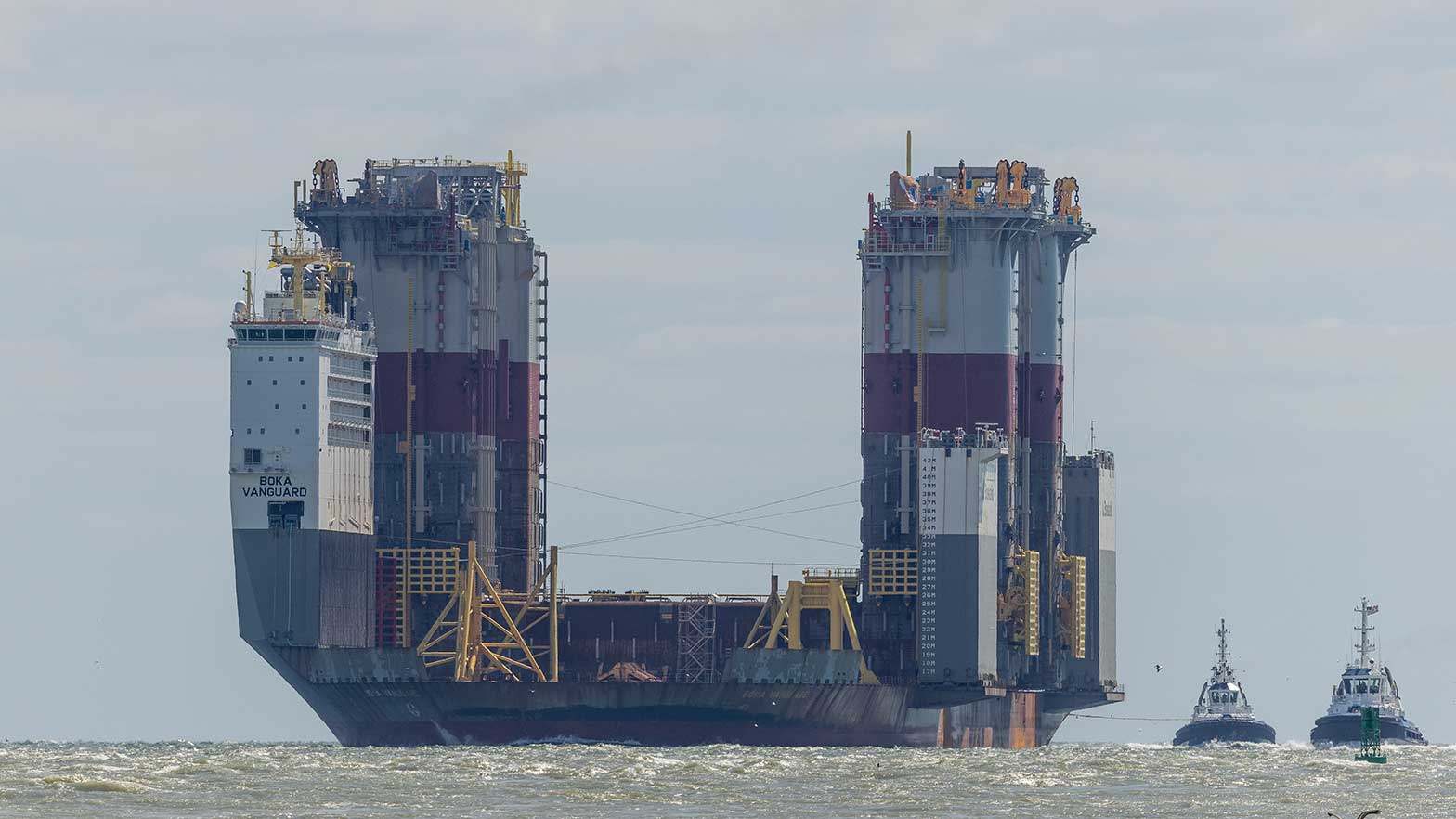 Anchor’s hull approaches the shoreline of Ingleside, Texas, after completing its more than two-month journey aboard Boskalis's Vanguard heavy transport vessel from South Korea.
