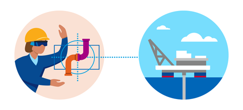 two icons, one of a worker figuring out the placement of pipes, and the second an oil rig over water