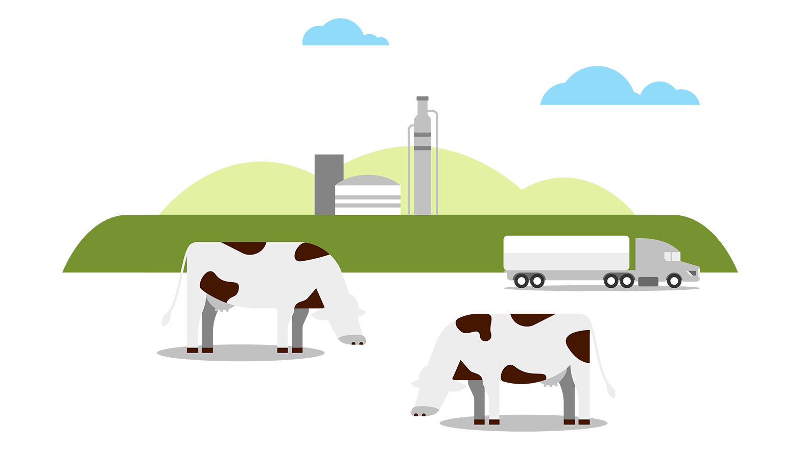 Illustration of cows, truck and refinery