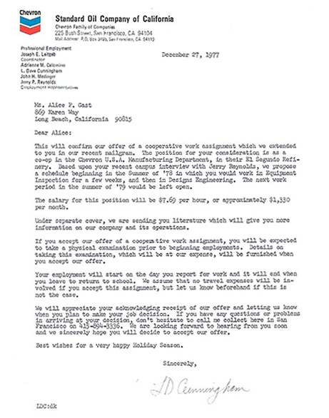 A 1977 Mailgram™ letter inviting Gast, then a sophomore at the University of Southern California, to join Chevron’s internship program.
