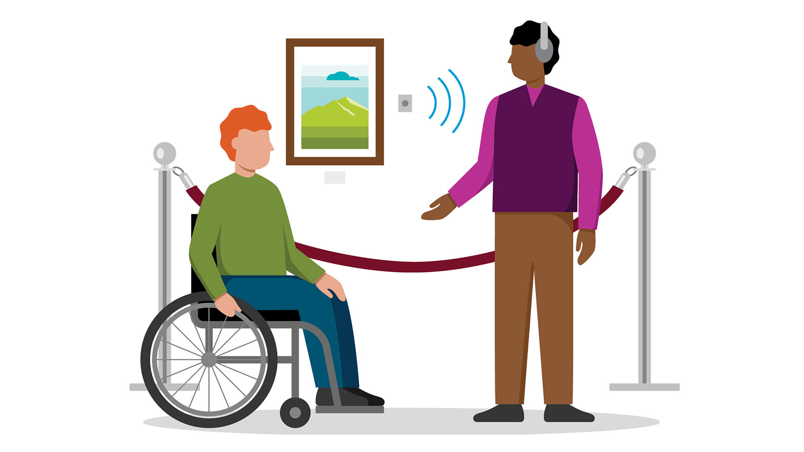 illustration of a person in a wheelchair looking at a piece of art and another person using an assisted listening device