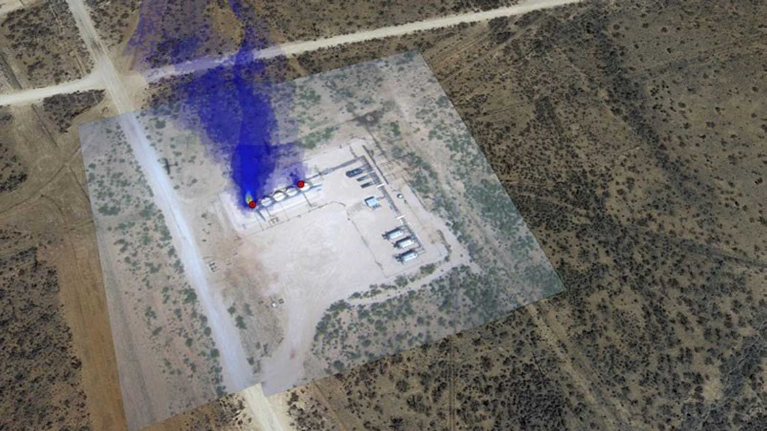 Bridger Photonics’ aerial radar technology detected the methane leak, pictured above, at a Permian Basin facility in June 2021. An October 2021 follow-up flyover detected no emissions after facility repairs were made. 