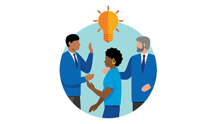Illustration of the need to lead - three people talking, large lightbulb above them