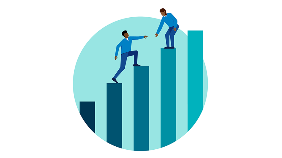illustration of the next step - a person helping another person up a graph