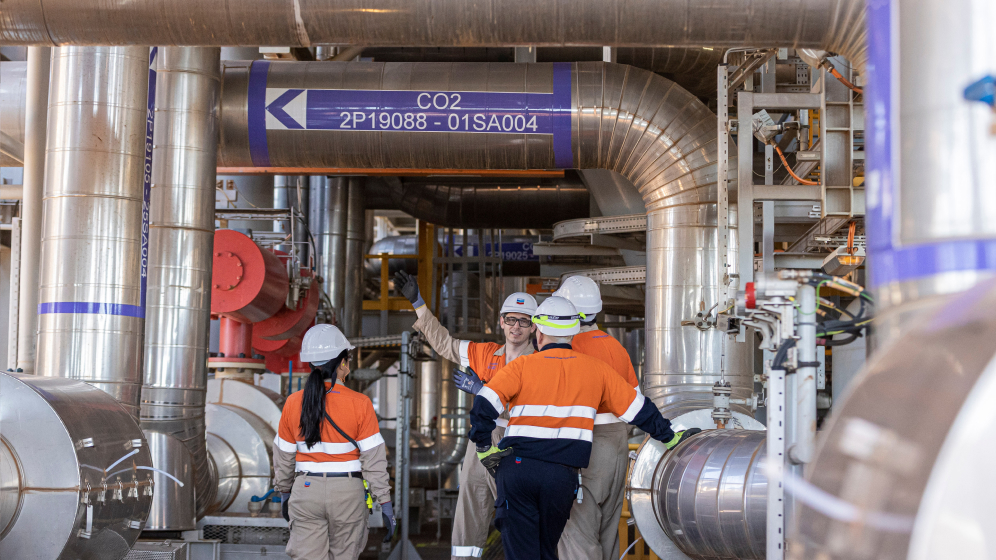 Workers at a Gorgon Project acid gas removal unit that forms part of the carbon capture and storage system.