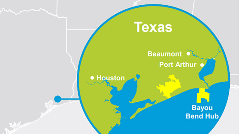 A map of the Texas eastern seaboard to highlight the land area known as the Bayou Bend. Green signifies land, blue for water, yellow marks Chevron's facilities.