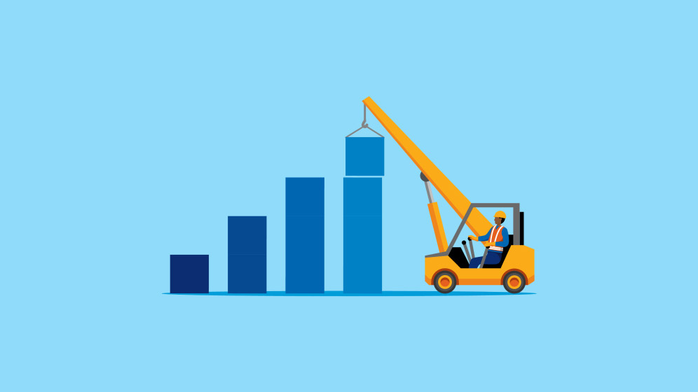 A computer illustration of a construction crane building a rising bar graph, square by square. A figure in blue and an orange vest drives the crane. 