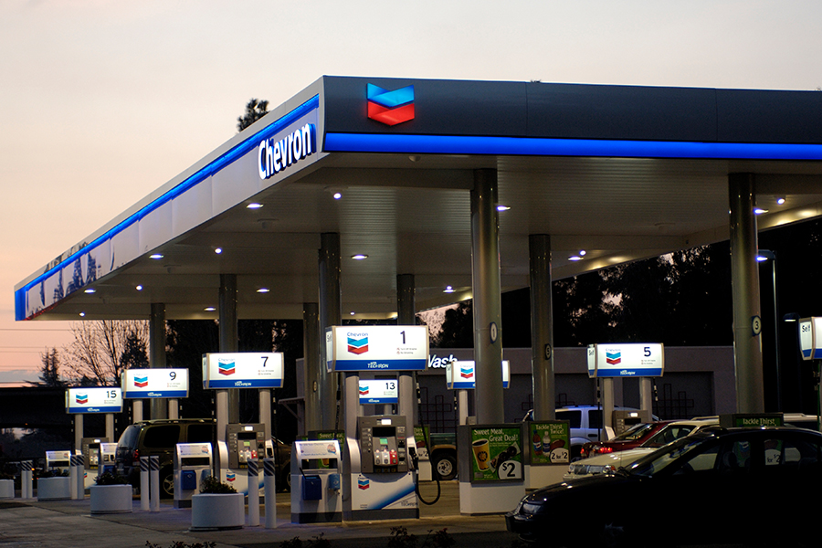 Chevron gas station at dusk