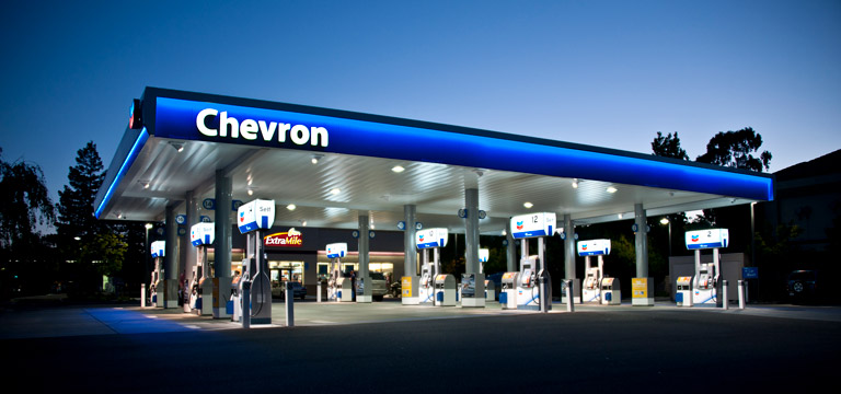 Chevron service station at night