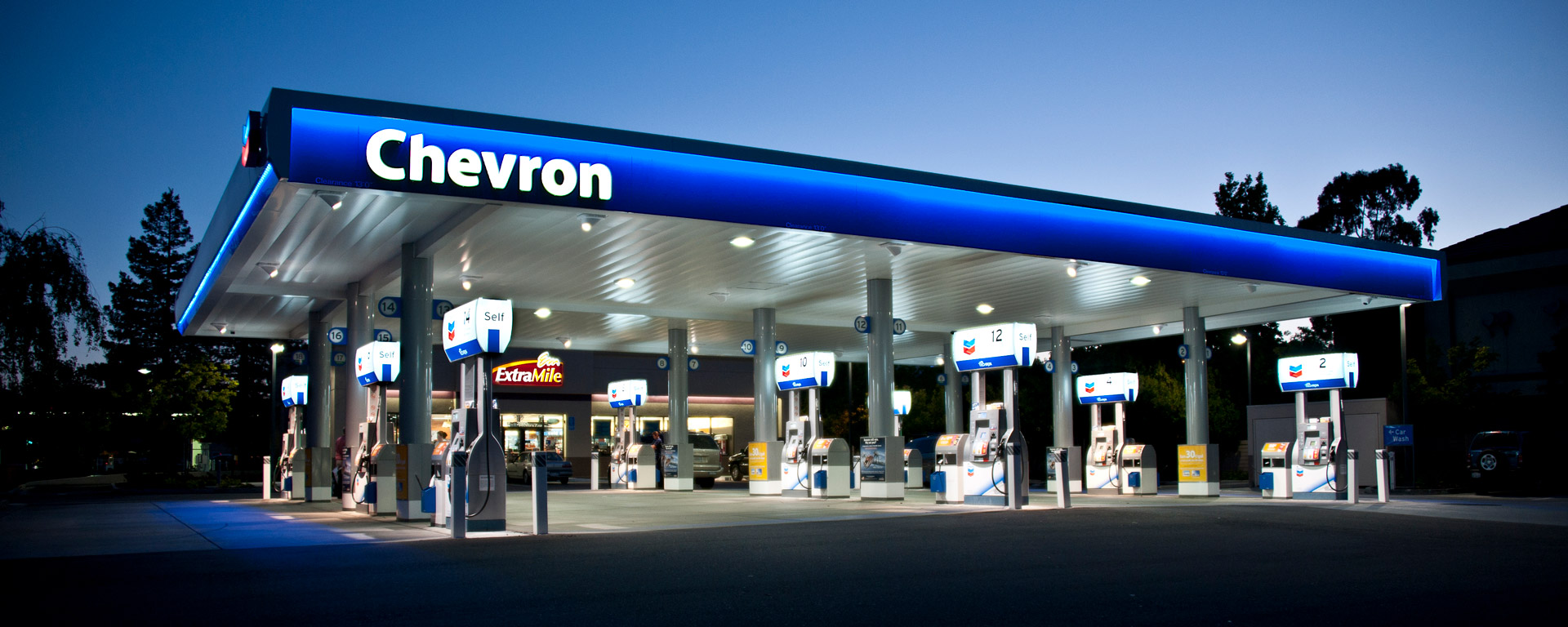 Chevron service station at night